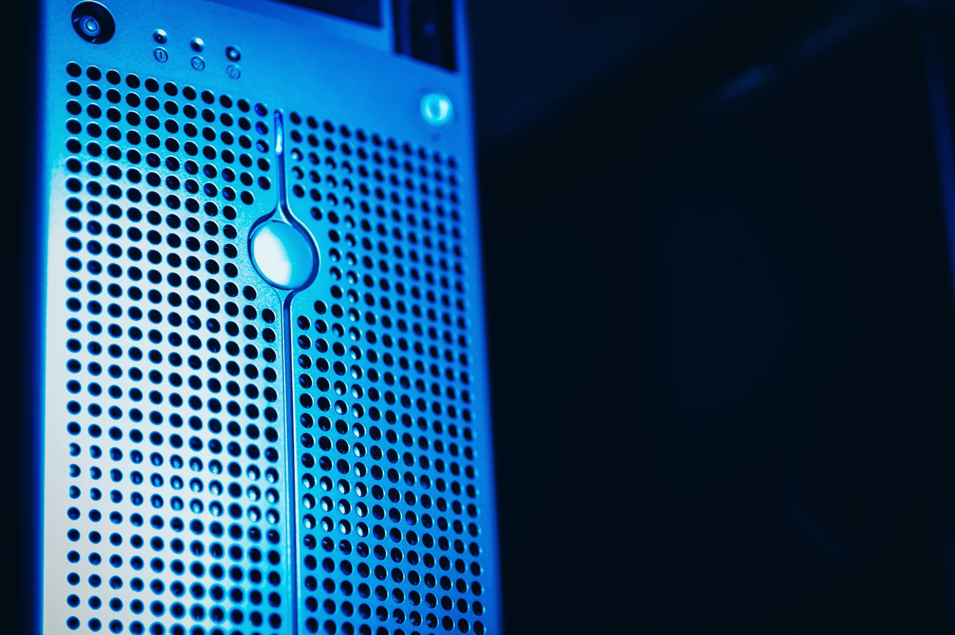 computer says no internet - Modern server rack with blue lighting in a secure data center environment.