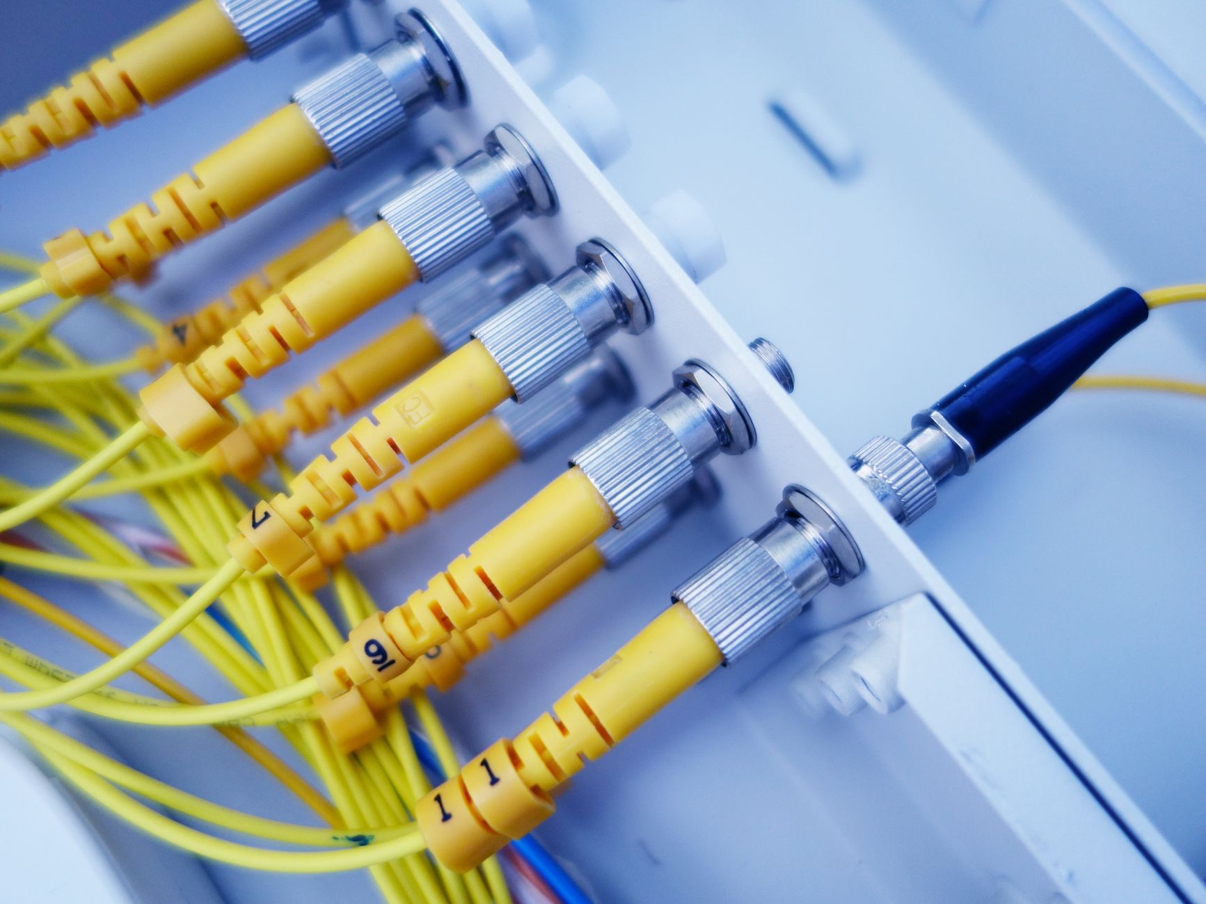 what is a networking reset - Close-up of yellow fiber optic cables in a network server, showcasing fast data transfer.